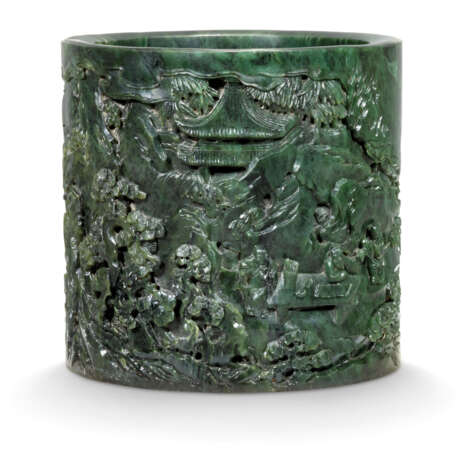 A LARGE SPINACH-GREEN JADE BRUSHPOT, BITONG - фото 1