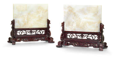 A PAIR OF IMPERIALLY INSCRIBED AND GILT-DECORATED JADE TABLE...