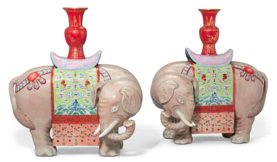A PAIR OF FAMILLE ROSE 'ELEPHANT AND VASE' CANDLE HOLDERS, T... - photo 1