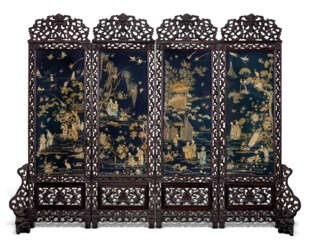 A FINELY EMBROIDERED BLUE-GROUND SILK FOUR-PANEL SCREEN