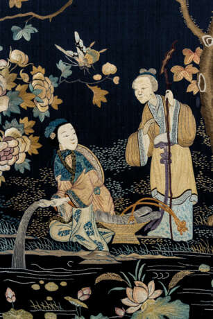 A FINELY EMBROIDERED BLUE-GROUND SILK FOUR-PANEL SCREEN - photo 3