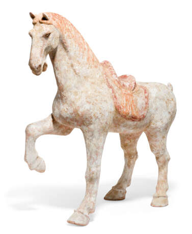 A PAINTED RED POTTERY FIGURE OF A PRANCING HORSE - photo 1