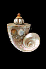 A MOTHER-OF-PEARL POWDER FLASK