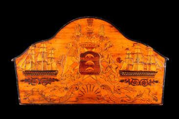 A GEORGE III EBONISED AND POLYCHROME-PAINTED MAHOGANY, SYCAMORE AND FRUITWOOD MARQUETRY STERN BOARD OF A SHIP DINGHY
