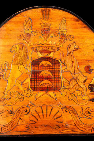 A GEORGE III EBONISED AND POLYCHROME-PAINTED MAHOGANY, SYCAMORE AND FRUITWOOD MARQUETRY STERN BOARD OF A SHIP DINGHY - photo 2