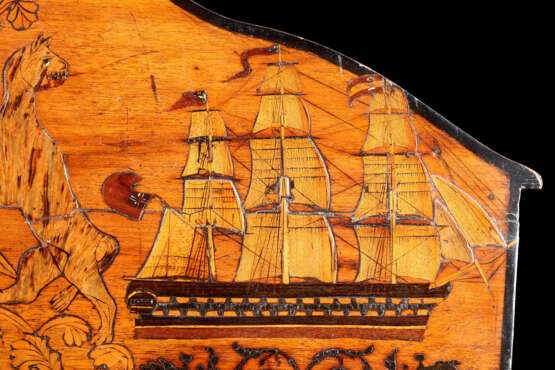 A GEORGE III EBONISED AND POLYCHROME-PAINTED MAHOGANY, SYCAMORE AND FRUITWOOD MARQUETRY STERN BOARD OF A SHIP DINGHY - photo 9