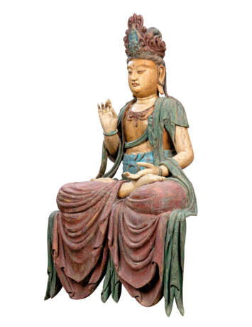 A LARGE PAINTED WOOD SCULPTURE OF A SEATED GUANYIN - photo 2