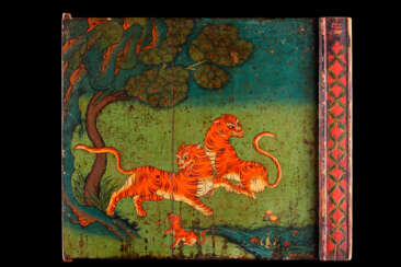 A PAIR OF POLYCHROME-PAINTED SHRINE DOORS WITH A MAHASIDDHA AND A PAIR OF TIGERS