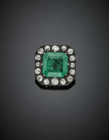 Green glass and old mine diamond silver and gold cluster brooch - Foto 1