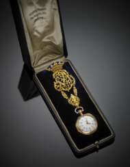 LEFEBVRE FILS AÎNÉ' | Yellow gold and silver gilt pocket watch with its crowned chatelaine accented with pearls and gems