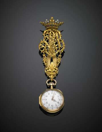 LEFEBVRE FILS AÎNÉ' | Yellow gold and silver gilt pocket watch with its crowned chatelaine accented with pearls and gems - photo 2