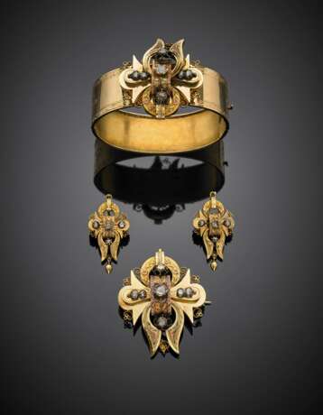 Rose cut diamond bi-coloured gold and silver jewellery set comprising a cuff bracelet diam. cm 6.50 circa - фото 1