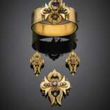 Rose cut diamond bi-coloured gold and silver jewellery set comprising a cuff bracelet diam. cm 6.50 circa - photo 1
