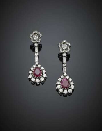 Pear shape ruby and diamond platinum and gold pendant earrings - photo 1