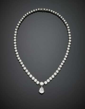 Round graduated diamond white gold necklace with a central detachable pear shape ct. 3.11 diamond pendant - фото 1