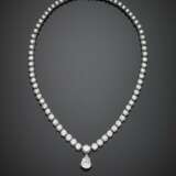 Round graduated diamond white gold necklace with a central detachable pear shape ct. 3.11 diamond pendant - фото 1