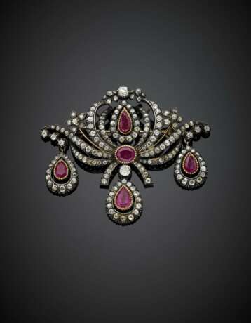 Ruby and diamond silver and gold volute and flower brooch/pendant - фото 1