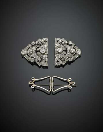 Old mine diamond platinum and gold double clip brooch in all ct. 21 circa - photo 2