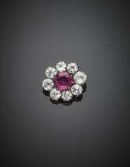 Cushion shape ct. 7.88 ruby and old mine diamond in all ct. 14.00 circa silver and gold cluster pendant/brooch