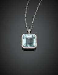 Octagonal ct. 82 circa step cut aquamarine and diamond white gold pendant with chain