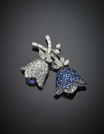 Round and tapered diamond with sapphire white gold brooch - фото 1