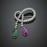 Round diamond white gold brooch with a pendant ct. 2.90 circa pear emerald and ct. 3.00 circa pear pink sapphire - Foto 1