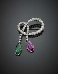 Round diamond white gold brooch with a pendant ct. 2.90 circa pear emerald and ct. 3.00 circa pear pink sapphire