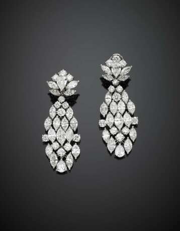 Round marquise and pear shape diamond white gold pendant earrings - photo 1