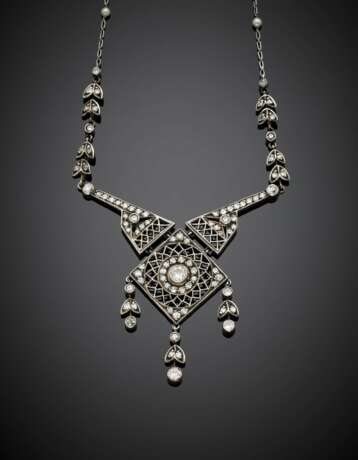 White gold seed pearl necklace with round diamond 9K gold and silver articulated central pendant - photo 1