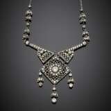 White gold seed pearl necklace with round diamond 9K gold and silver articulated central pendant - фото 1