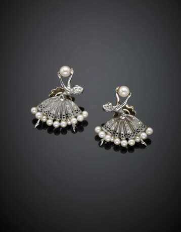 White 12K partly glazed gold pearl and diamond tiny dancer earrings - Foto 1