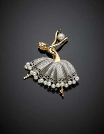 Bi-coloured 12K partly glazed gold pearl and diamond tiny dancer brooch - Foto 1