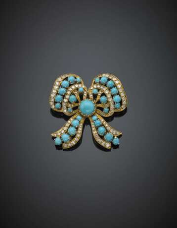 Diamond and turquoise yellow gold bow brooch - Foto 1