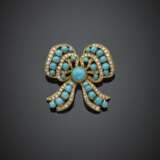 Diamond and turquoise yellow gold bow brooch - photo 1