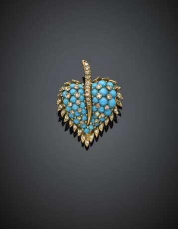 Diamond and turquoise yellow gold leaf brooch - photo 1