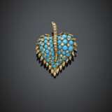 Diamond and turquoise yellow gold leaf brooch - Foto 1