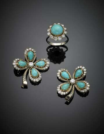 Bi-coloured gold diamond and turquoise jewellery set comprising a ring size 13/53 and two four leaf clover brooches of cm 3.40 circa - photo 1