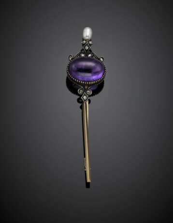 Cabochon amethyst and rose cut diamond silver and gold hat pin accented with a pearl - photo 1