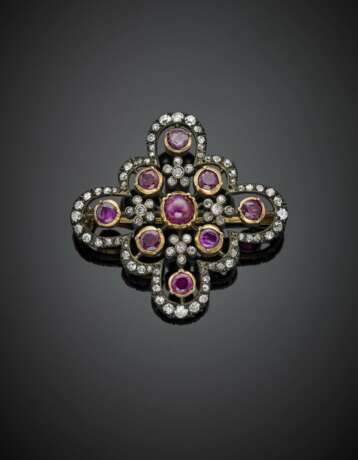 Round faceted and cabochon ruby diamond silver and gold brooch - photo 1
