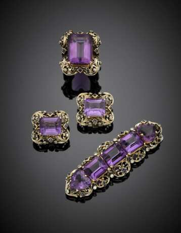 TRABUCCO | Bi-coloured gold amethyst diamond and sapphire jewelry set comprising cm 7.1 circa brooch - Foto 1