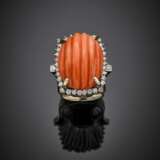 Orange grooved coral and diamond white gold ring - photo 1