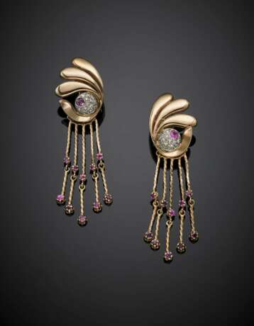 Bi-coloured 9K gold fringe pendant earrings accented with rubies and diamonds - photo 1