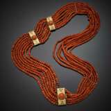 Eight strand orange coral faceted bead necklace with 9K chiseled gold clasp and spacers - Foto 1