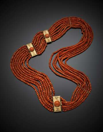 Eight strand orange coral faceted bead necklace with 9K chiseled gold clasp and spacers - photo 1