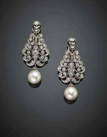 Diamond with mm 9.10 and mm 9.40 circa pearl white gold pendant earrings - photo 1