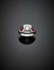 Old mine ct. 1.20 circa diamond with synthetic ruby shoulders white gold ring