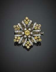Colourless and fancy yellow diamond white gold snowflake brooch