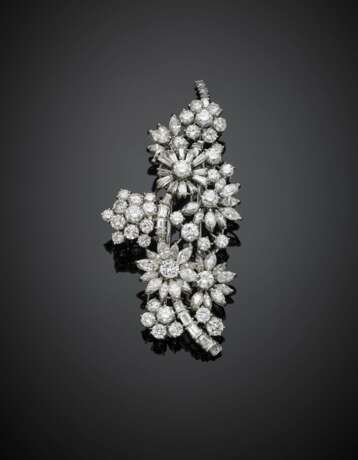 Round marquise baguette and tapered diamond platinum floral brooch - photo 1