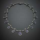 Round diamond white gold festoon necklace accented with fifteen graduated pear sapphire and diamond cluster - фото 2