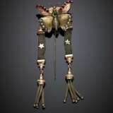 Bi-colour 9K and 18K gold butterfly hat pin with pendant tassels and accented with red paste and seed pearl - photo 1